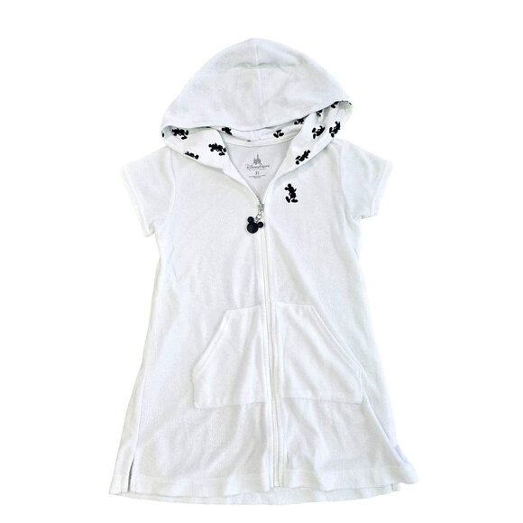 Disney Parks White Hooded Cover-Up Dress With Zipper Mickey Mouse Print Kids XS - Picture 2 of 5